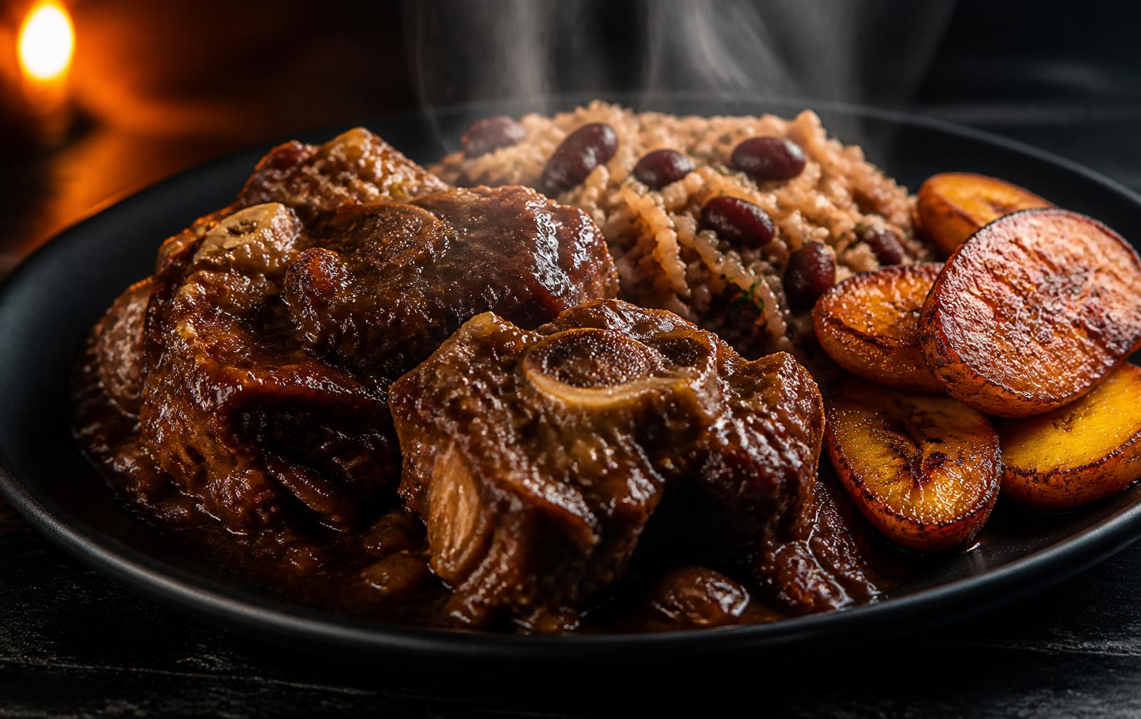 A steaming plate of oxtail, rice and peas and fried plantains under warm light