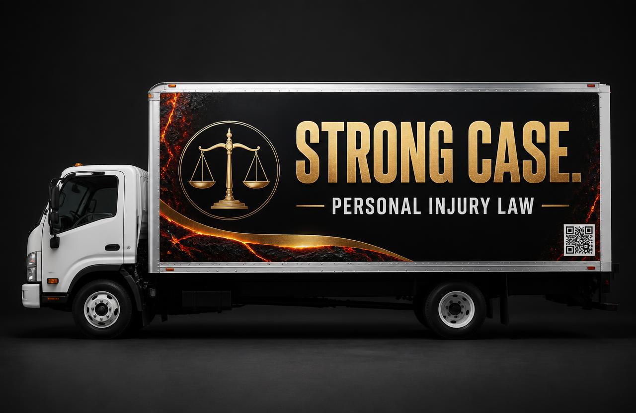 Box truck with a Large Side Placement: a full-height side panel for a personal injury law firm, black with gold scales-of-justice emblem, headline and a QR code.