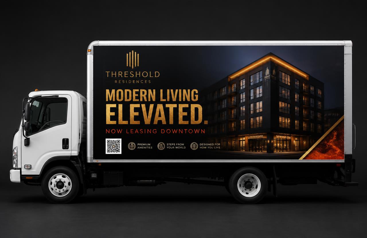 Box truck with a Large Side Placement: a full-height side panel for an apartment community, showing a night photo of a modern building, a leasing headline and a QR code.