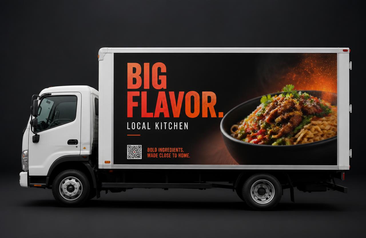 Box truck with a Medium Side Placement: a panel covering about two thirds of the vehicle side for a local restaurant, with food photography, a bold headline and a QR code.