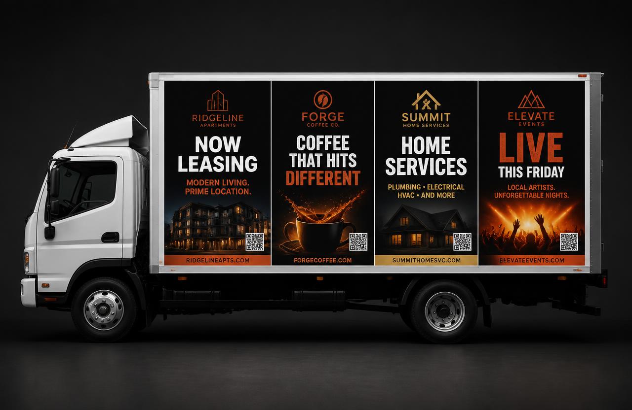 Box truck with a Shared / Multi-Advertiser Truck side: four equal panels for an apartment community, a coffee shop, a home services company and a live event, each with its own QR code.