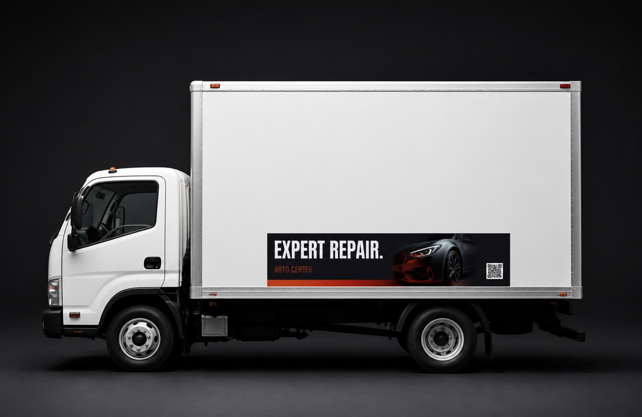 Box truck with a Small Side Panel: a compact horizontal panel low on the vehicle side for an auto repair centre, with a short headline and a QR code.