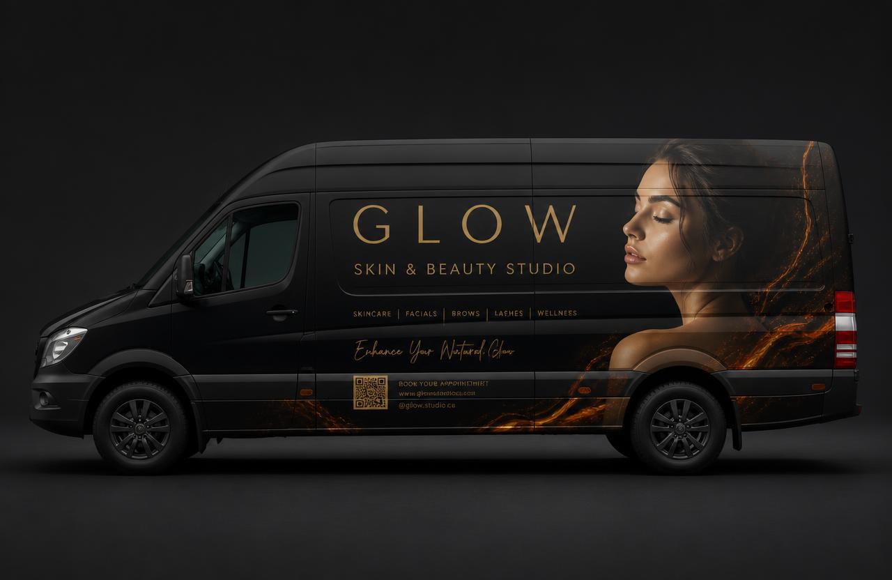 Black Sprinter van with a Sprinter Van Side Placement: a full side wrap for a skin and beauty studio in gold on matte black, with a portrait, service list and a QR code.
