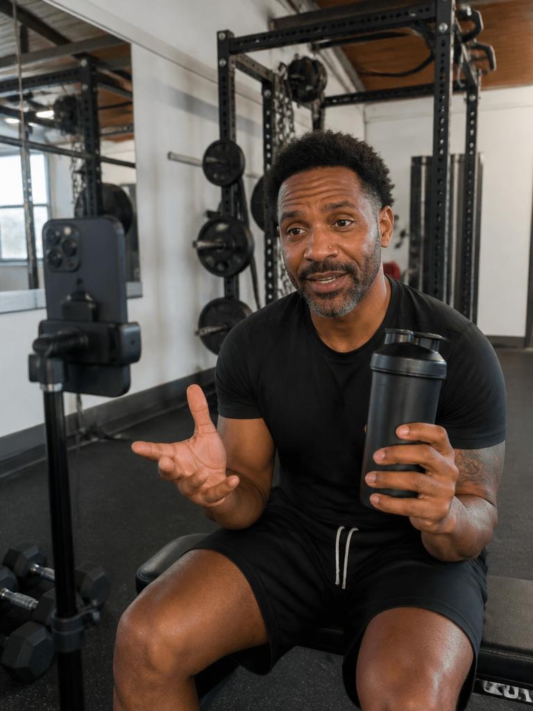 Creator holding a shaker bottle while filming in a gym