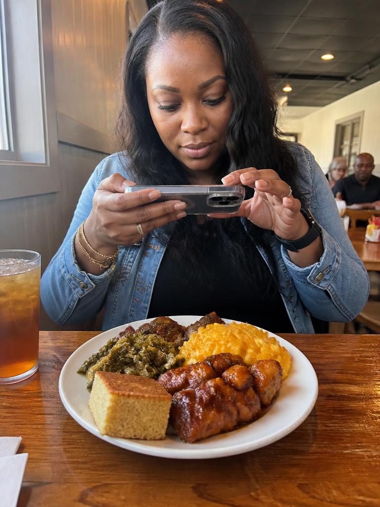 Creator filming a plate of food at a restaurant table