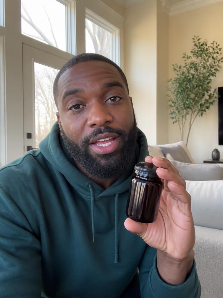 Creator presenting a wellness supplement jar to camera